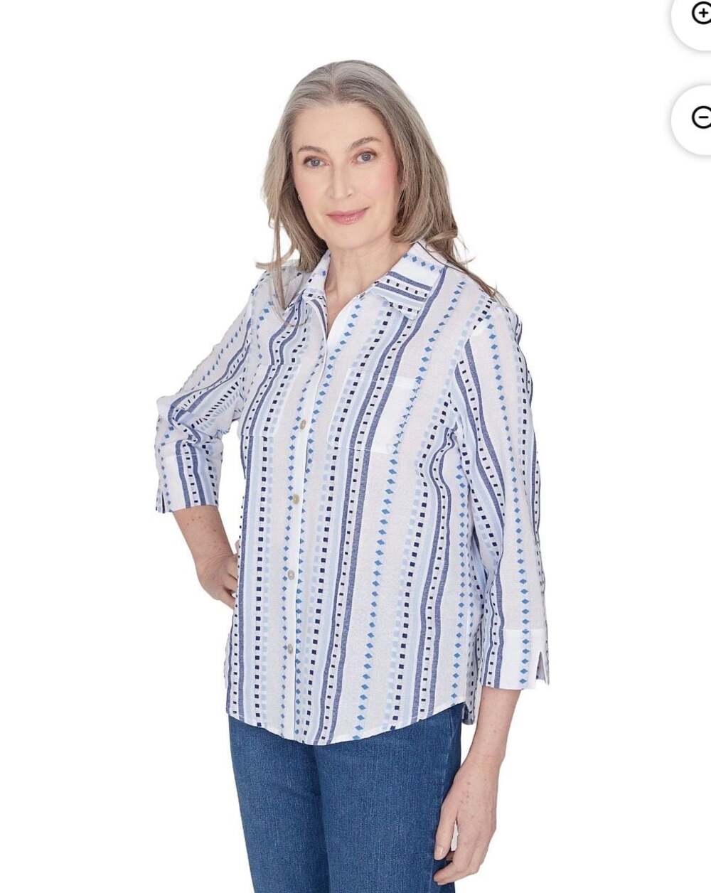 Alfred Dunner Petite XL Textured Gauze Jacquard Striped Button Shirt Blue White